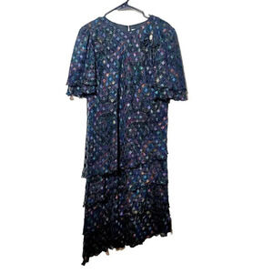 Vtg Cattiva Dress Sz M Midi Geometric Bow Layered Ruffle Chiffon Metallic Retro